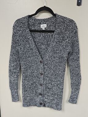 American Eagle Outfitters Black & White Marled V-Neck Button Down Cardigan